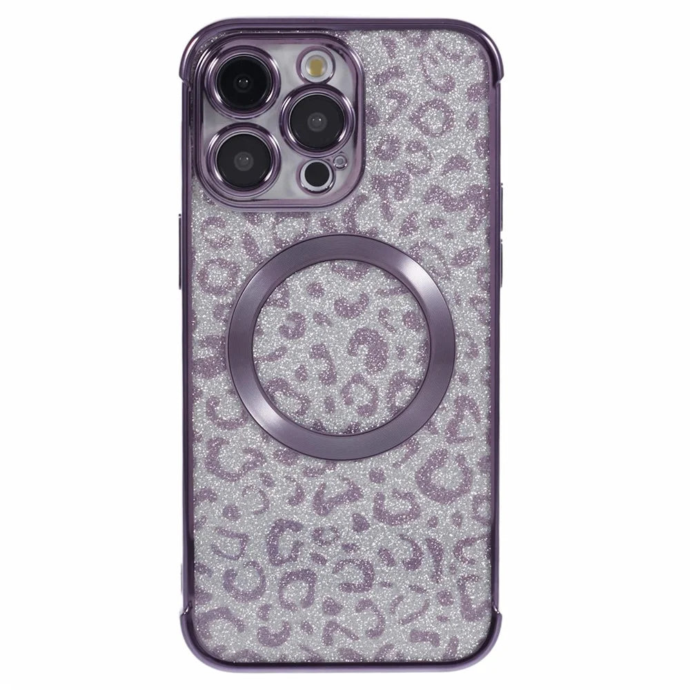 HRF Series for iPhone 14 Pro TPU Case Compatible with MagSafe Electroplating Leopard Phone Cover - Purple - 3