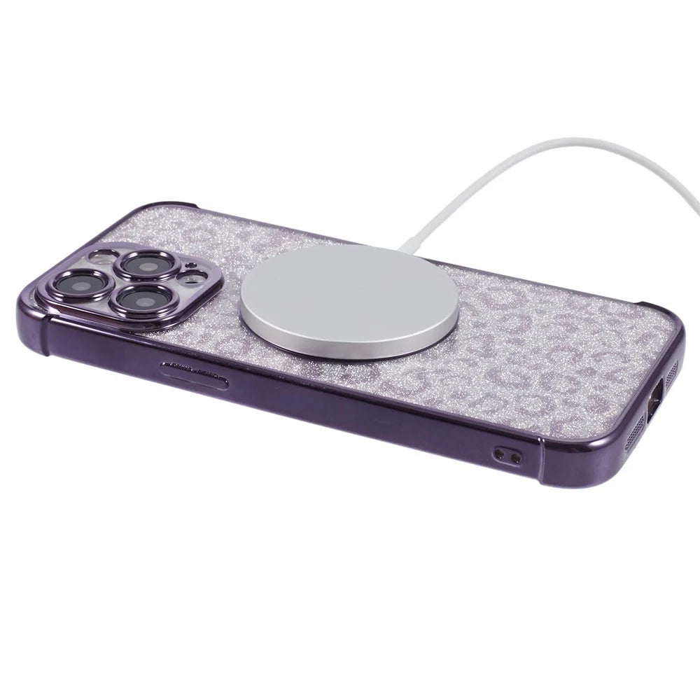 HRF Series for iPhone 14 Pro TPU Case Compatible with MagSafe Electroplating Leopard Phone Cover - Purple - 4