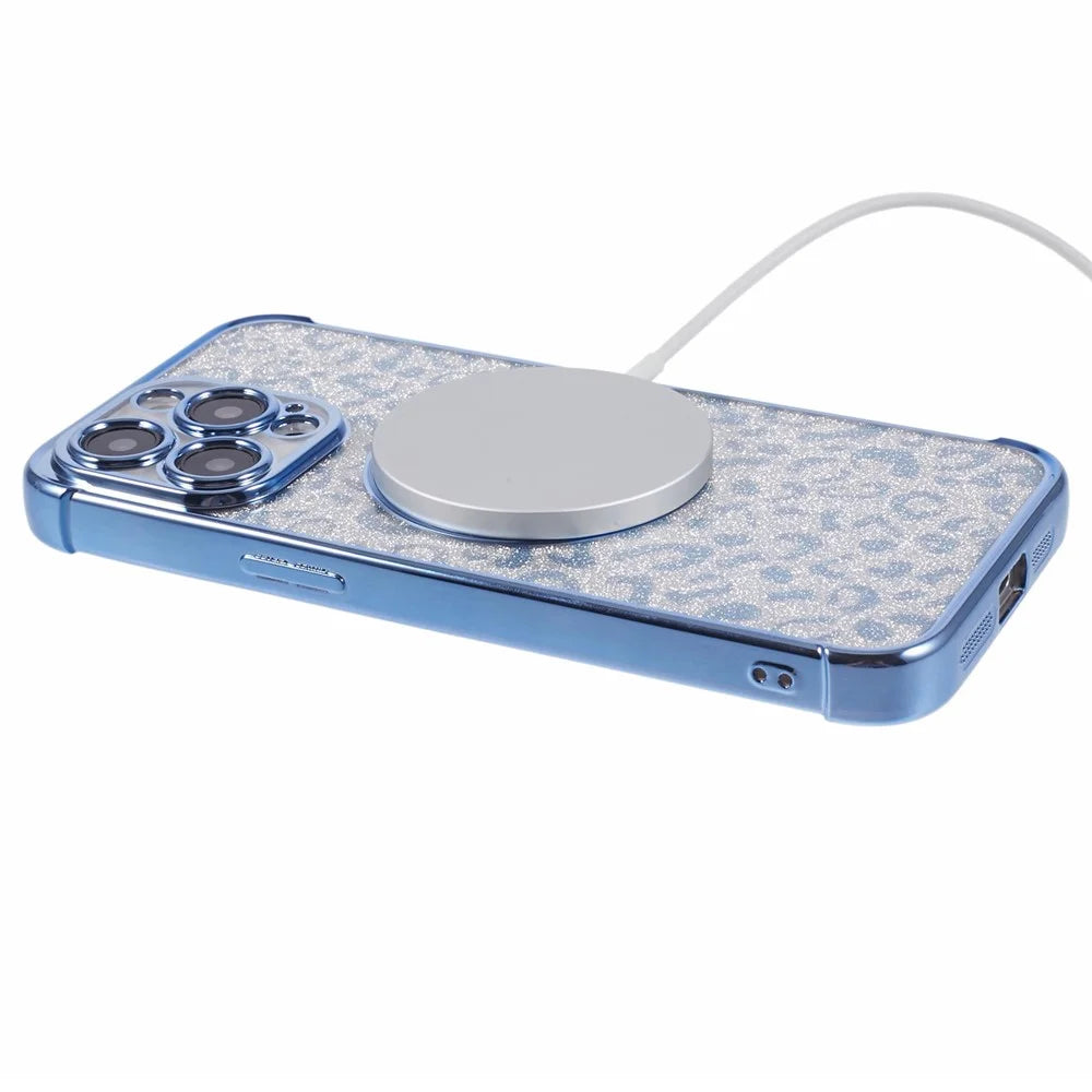 HRF Series for iPhone 15 Pro Magnetic Phone Case Glitter Leopard Electroplating TPU Cover - Blue - 4