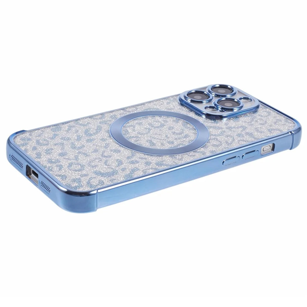 HRF Series for iPhone 15 Pro Magnetic Phone Case Glitter Leopard Electroplating TPU Cover - Blue - 7