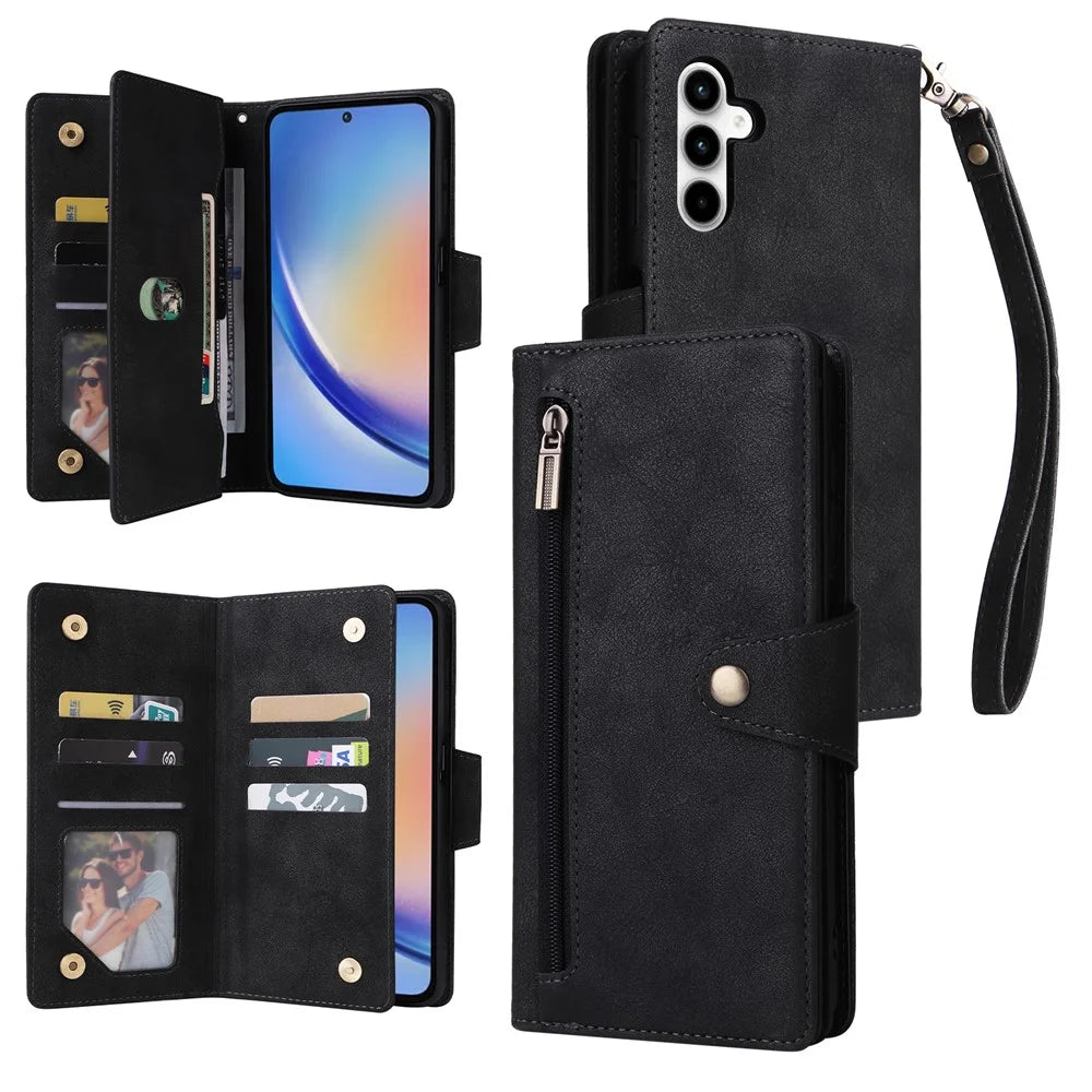 For Samsung Galaxy A35 5G Leather Case Rivet Decor Wallet Flip Phone Cover - Black - 1