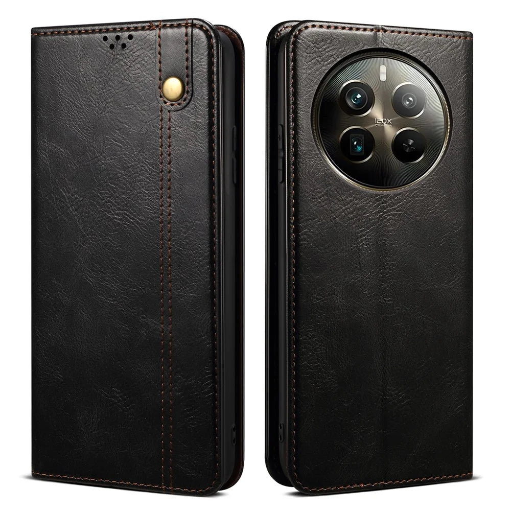 For Realme 12 Pro 5G / 12 Pro+ 5G Case Waxy Crazy Horse Texture Folio Stand Phone Cover - Black - 1