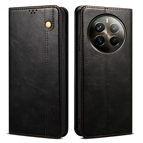 For Realme 12 Pro 5G / 12 Pro+ 5G Case Waxy Crazy Horse Texture Folio Stand Phone Cover - Black - 1