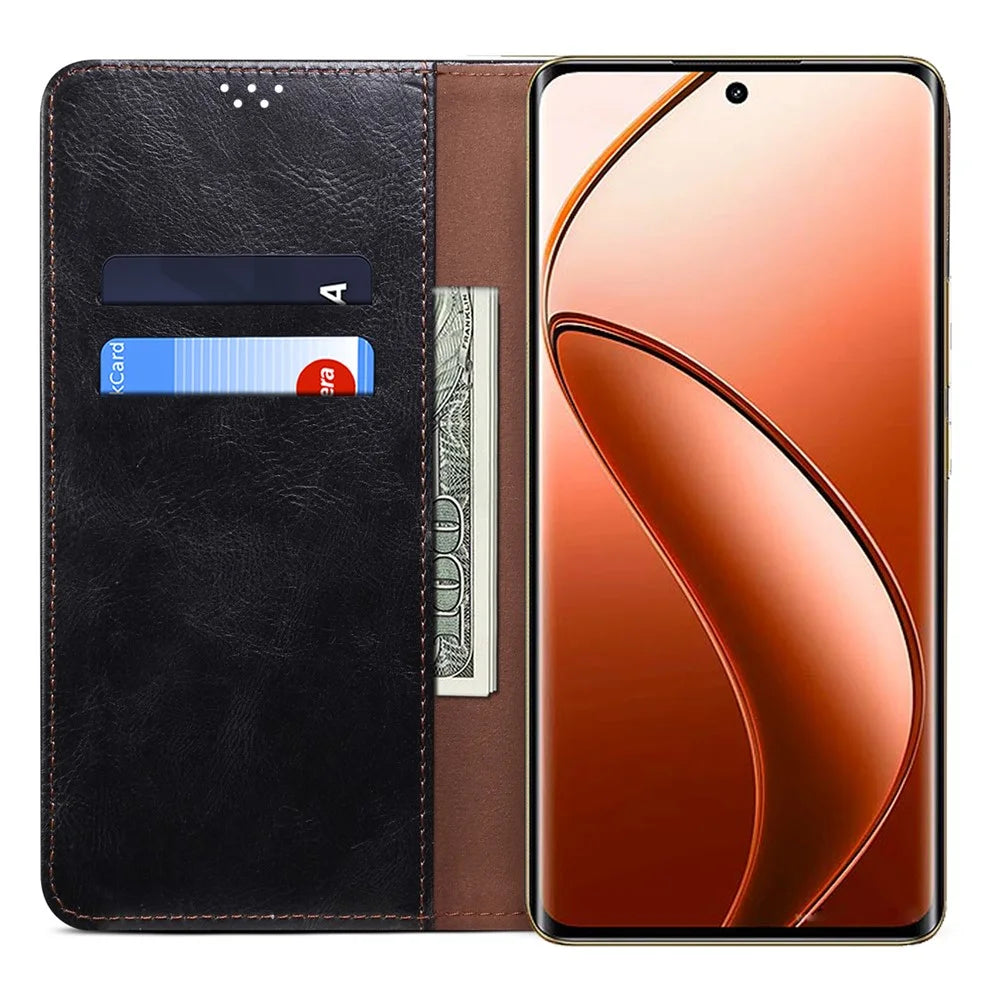 For Realme 12 Pro 5G / 12 Pro+ 5G Case Waxy Crazy Horse Texture Folio Stand Phone Cover - Black - 2