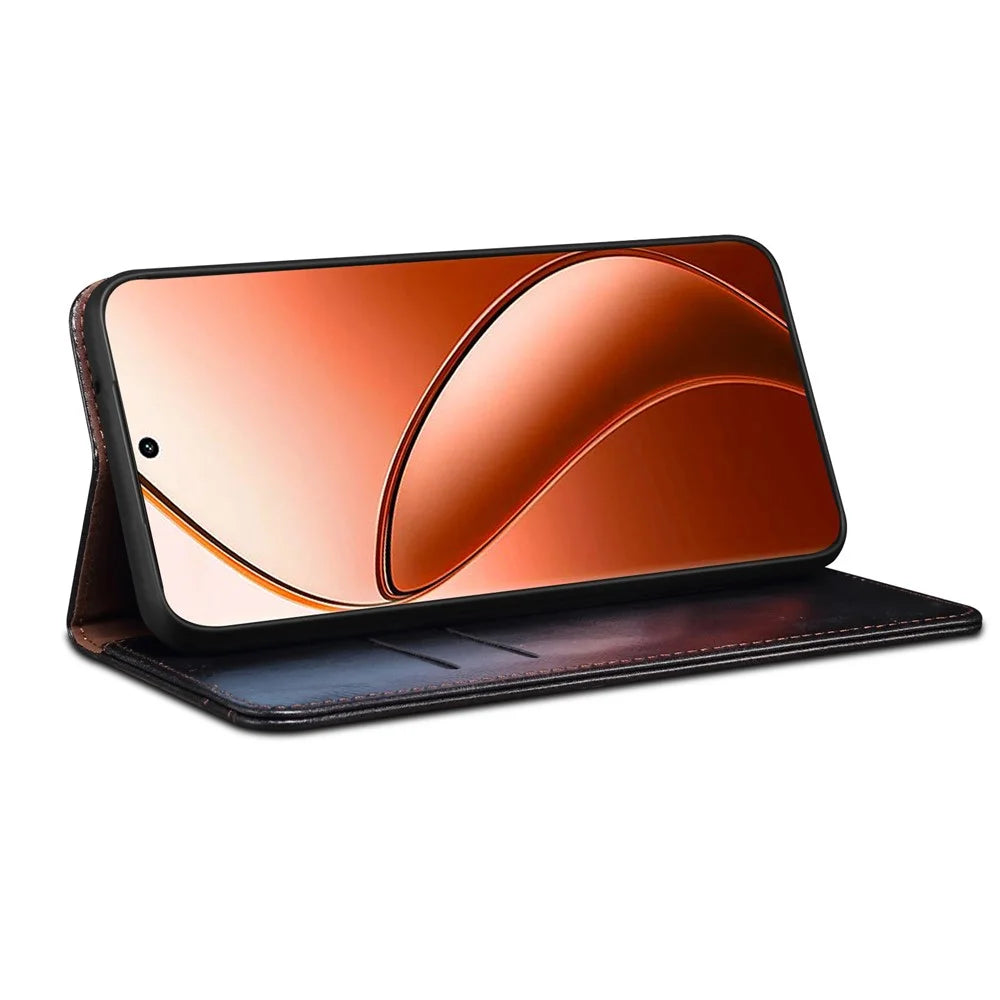 For Realme 12 Pro 5G / 12 Pro+ 5G Case Waxy Crazy Horse Texture Folio Stand Phone Cover - Black - 3