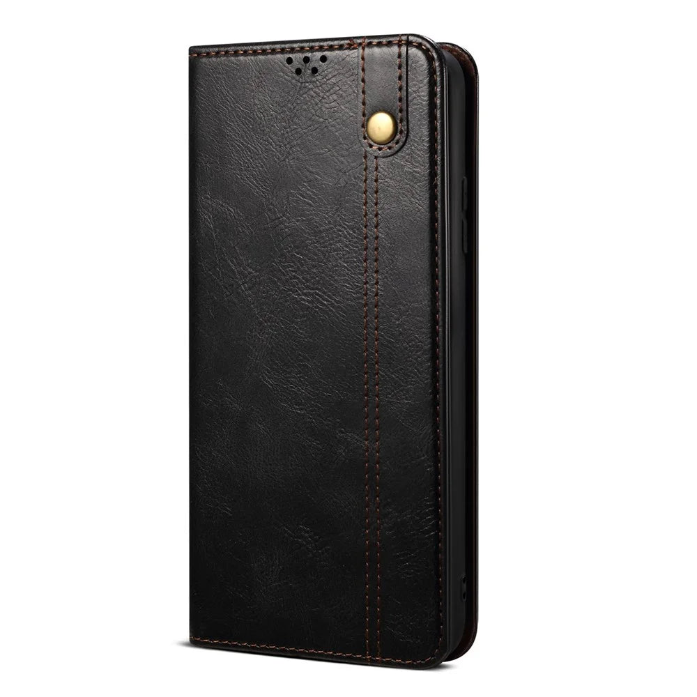 For Realme 12 Pro 5G / 12 Pro+ 5G Case Waxy Crazy Horse Texture Folio Stand Phone Cover - Black - 5