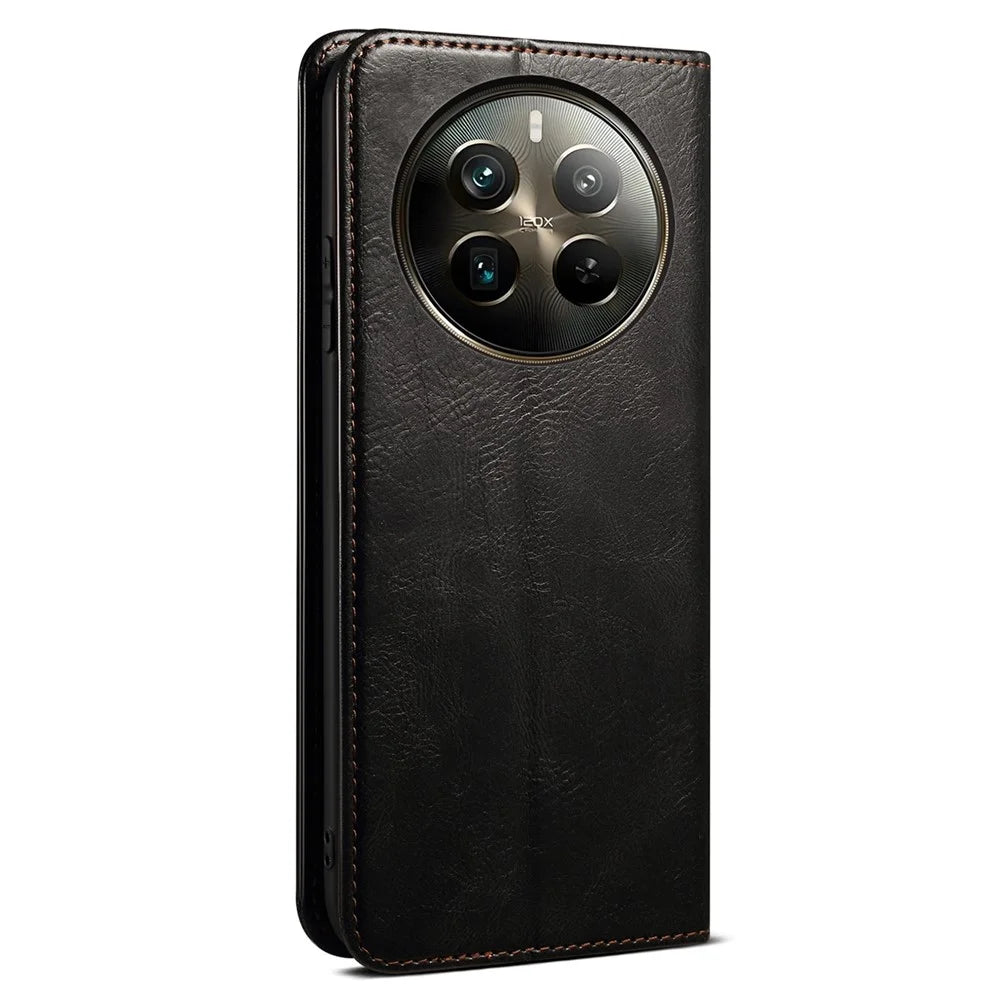 For Realme 12 Pro 5G / 12 Pro+ 5G Case Waxy Crazy Horse Texture Folio Stand Phone Cover - Black - 6
