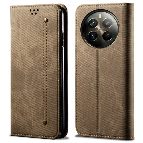 For Realme 12 Pro 5G / 12 Pro+ 5G Case Leather Jeans Cloth Texture Cell Phone Cover - Khaki - 1