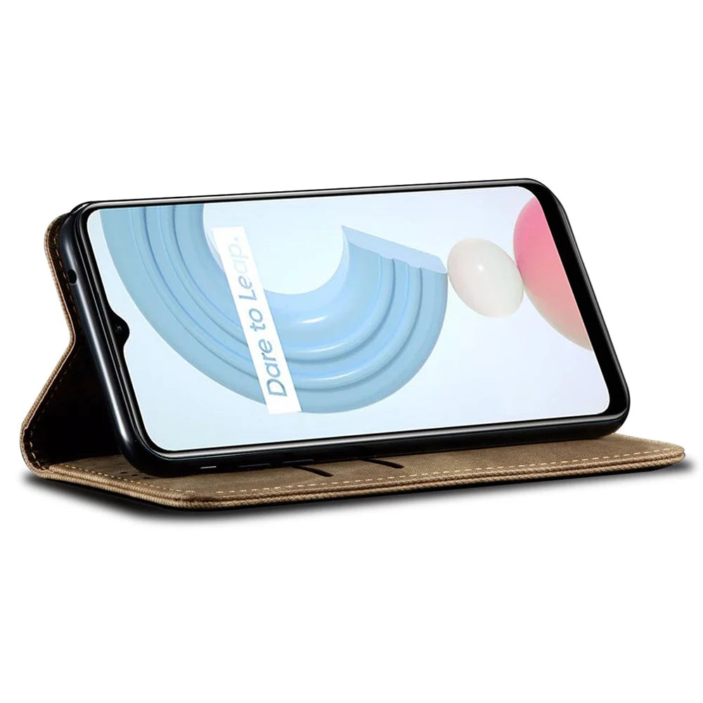 For Realme 12 Pro 5G / 12 Pro+ 5G Case Leather Jeans Cloth Texture Cell Phone Cover - Khaki - 2