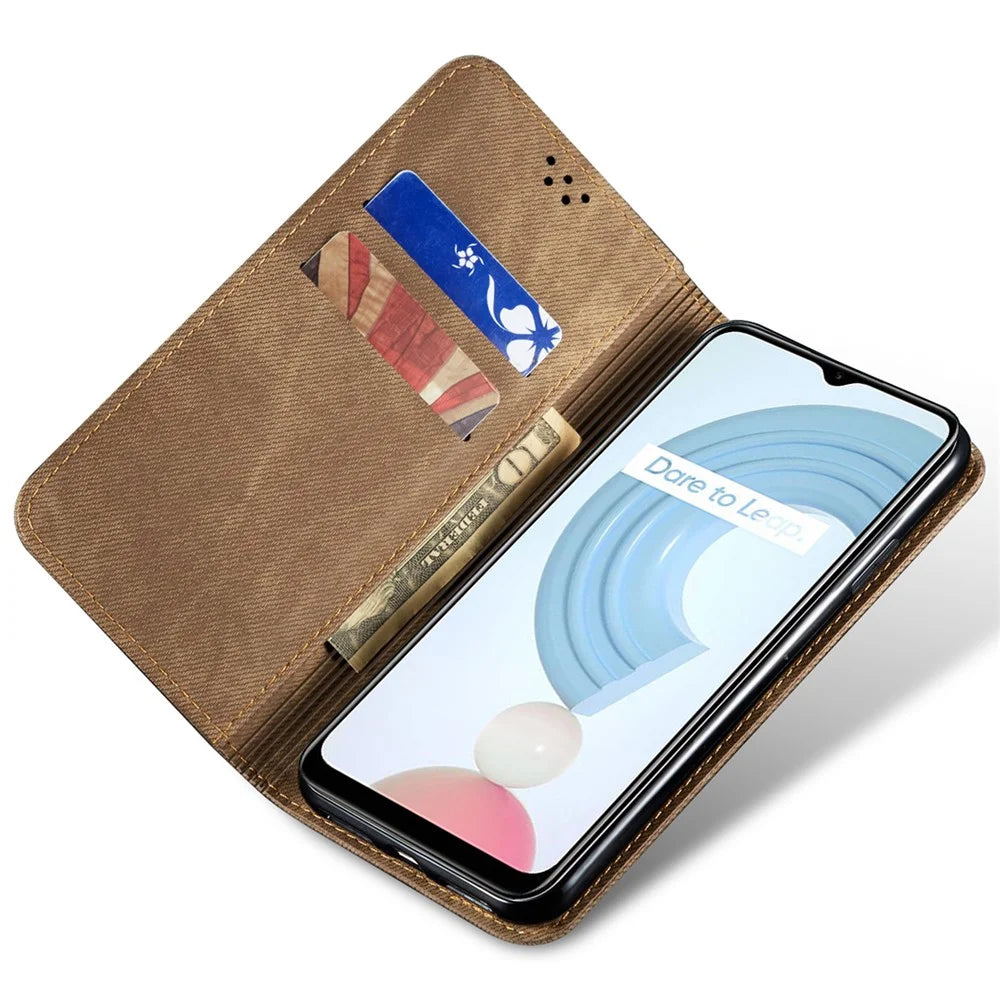 For Realme 12 Pro 5G / 12 Pro+ 5G Case Leather Jeans Cloth Texture Cell Phone Cover - Khaki - 3
