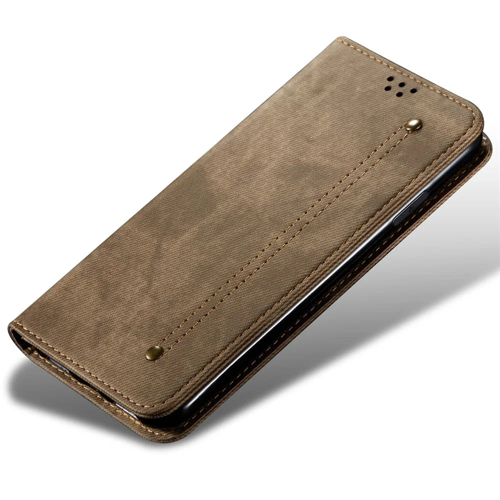 For Realme 12 Pro 5G / 12 Pro+ 5G Case Leather Jeans Cloth Texture Cell Phone Cover - Khaki - 4