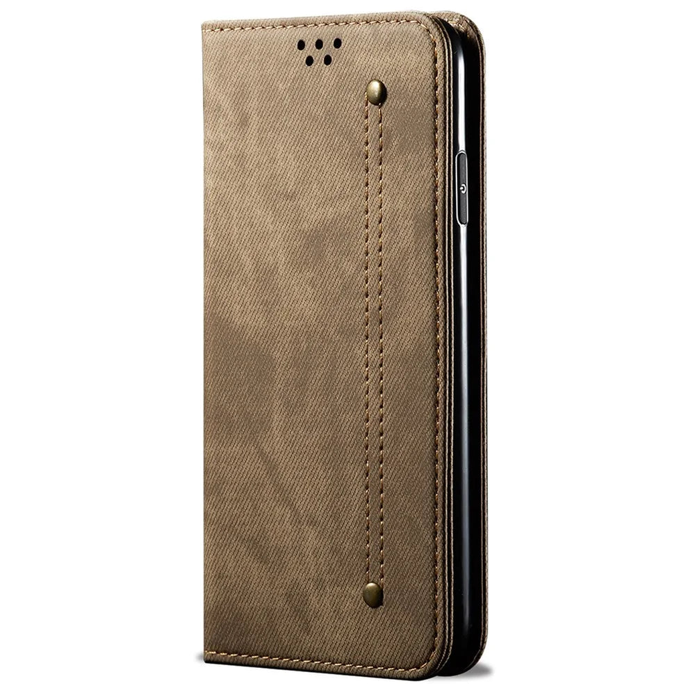 For Realme 12 Pro 5G / 12 Pro+ 5G Case Leather Jeans Cloth Texture Cell Phone Cover - Khaki - 5