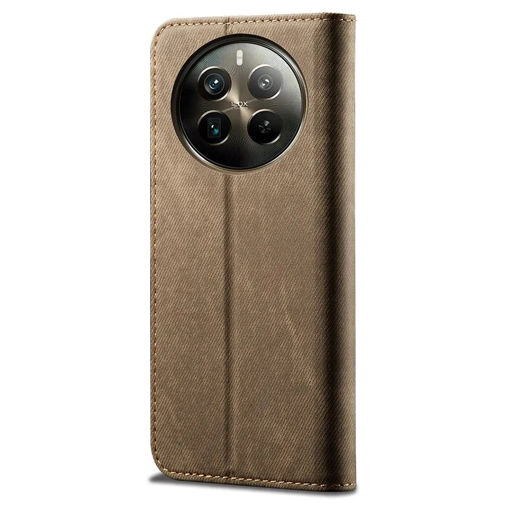For Realme 12 Pro 5G / 12 Pro+ 5G Case Leather Jeans Cloth Texture Cell Phone Cover - Khaki - 6