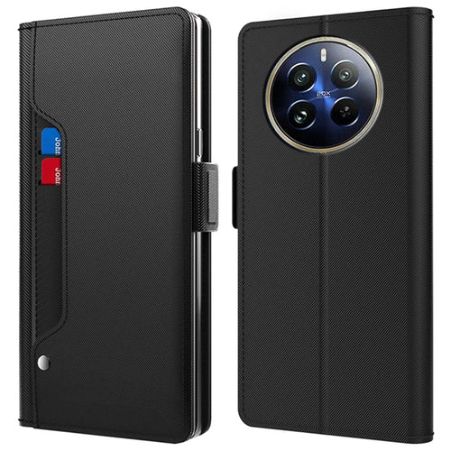 For Realme 12 Pro 5G / 12 Pro+ 5G Case PU+TPU Leather Phone Cover Wallet Card Holder with Mirror - Black - 1