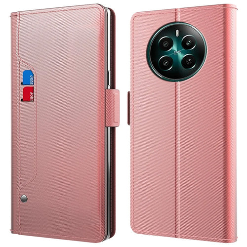For Realme 12 4G / 12+ 5G Phone Case Mirror Design Anti-Scratch Leather Flip Cover - Rose Gold - 1