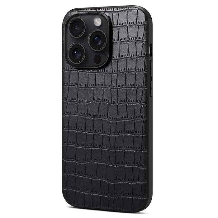 For iPhone 14 Pro Max Case Crocodile Textured Leather Covered Hybrid Slim Phone Case - Black - 1