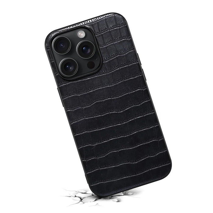 For iPhone 14 Pro Max Case Crocodile Textured Leather Covered Hybrid Slim Phone Case - Black - 2