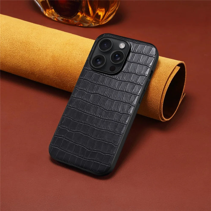 For iPhone 13 Pro Max Case Crocodile Textured Leather Covered Hybrid Slim Phone Case - Black - 4