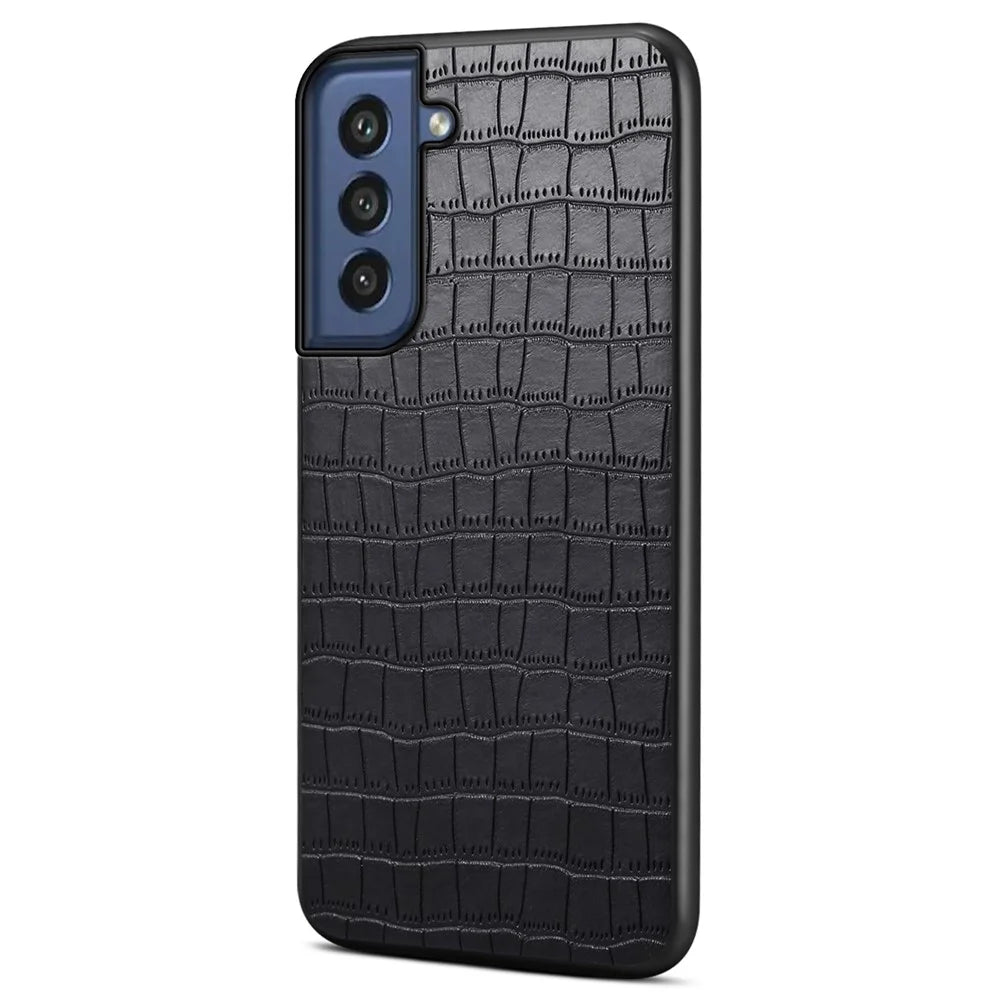 For Samsung Galaxy S21 FE 5G Cases Crocodile Textured Leather Covered Hybrid Phone Case - Black - 1