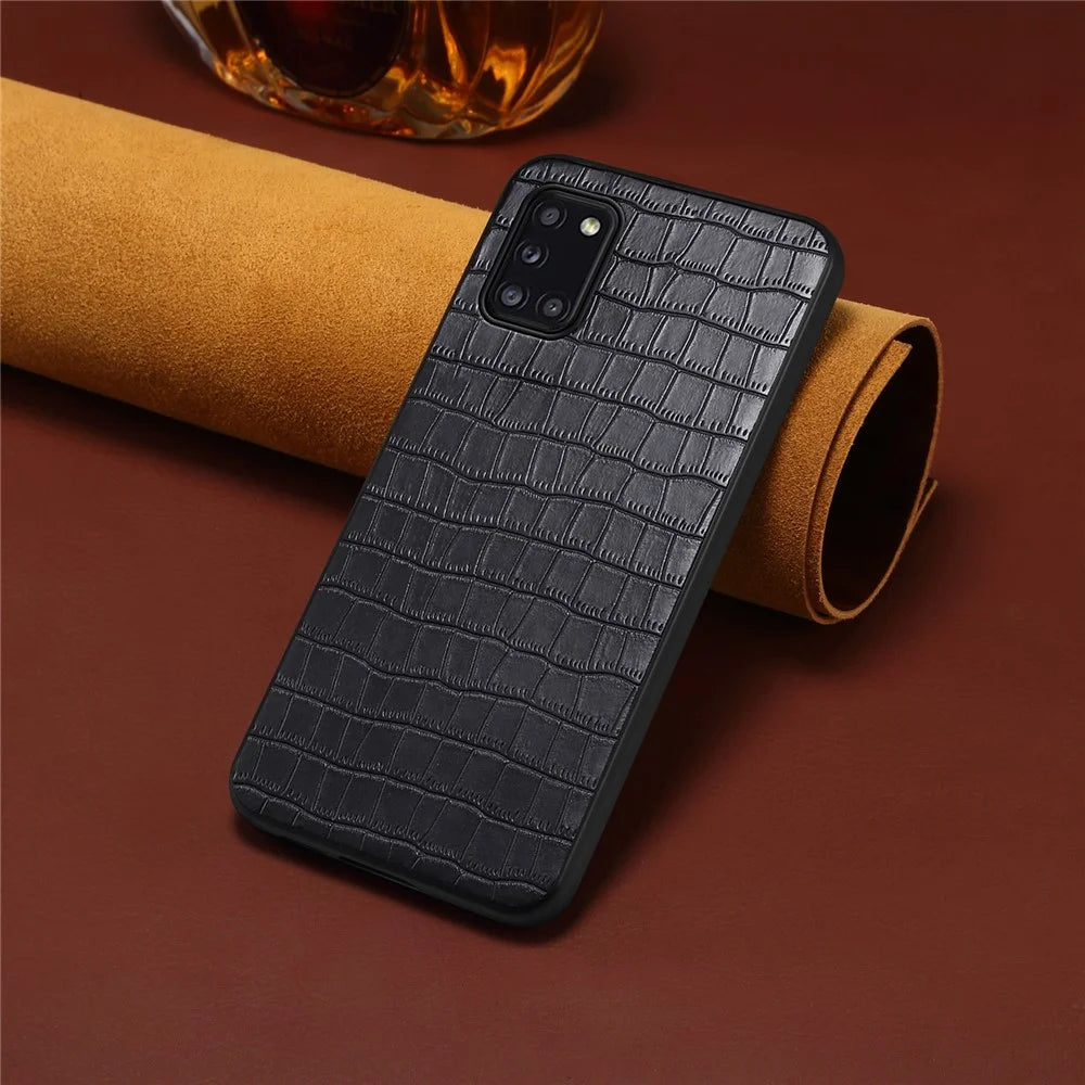 For Samsung Galaxy A31 Shockproof Case Crocodile Textured Leather Hybrid Slim Phone Case - Black - 4