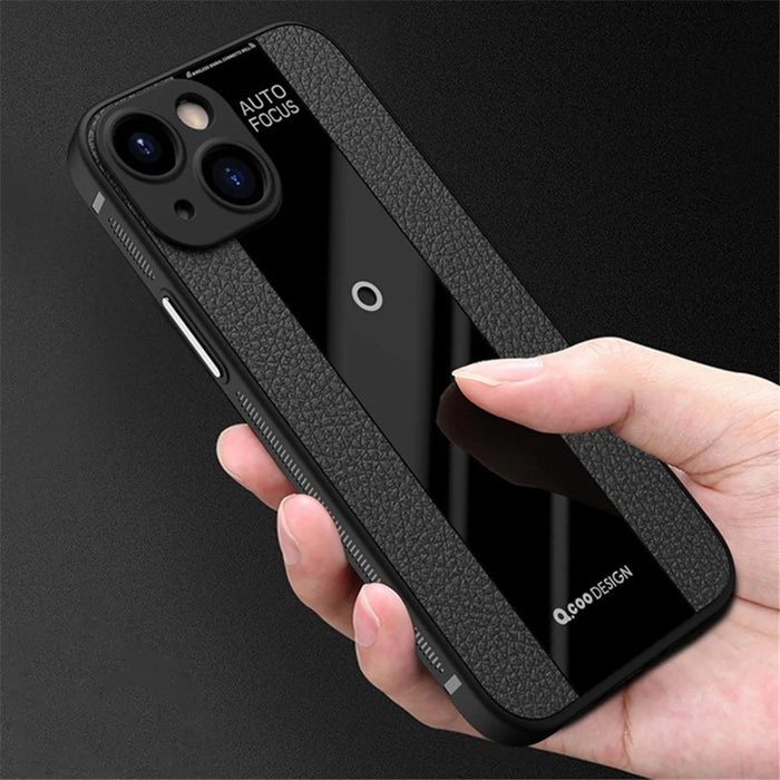 Q.COO For iPhone 15 Plus Dustproof Phone Cover PU Leather+TPU+Acrylic Phone Case - Black - 6