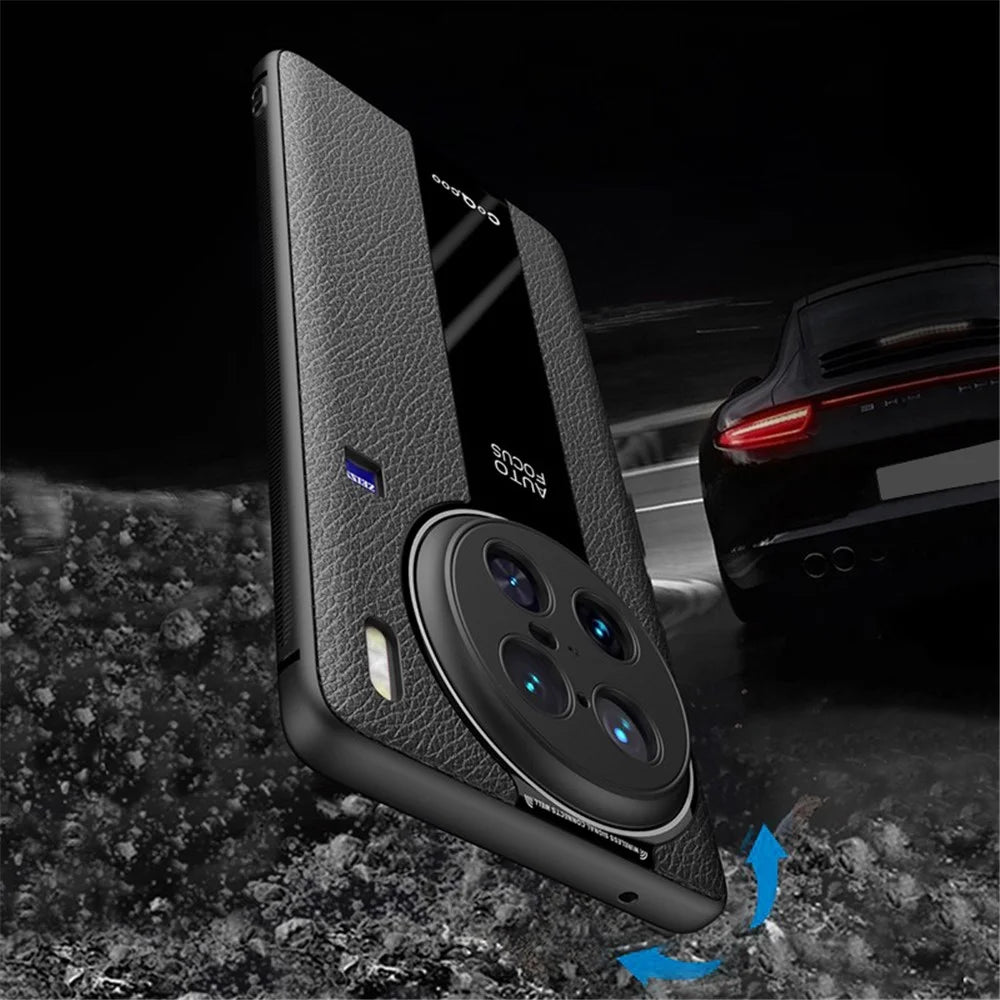 Q.COO For vivo X90 Pro 5G Cell Phone Cases Leather Coated TPU+Acrylic Shell with Anti-slip Stripes - Black - 6