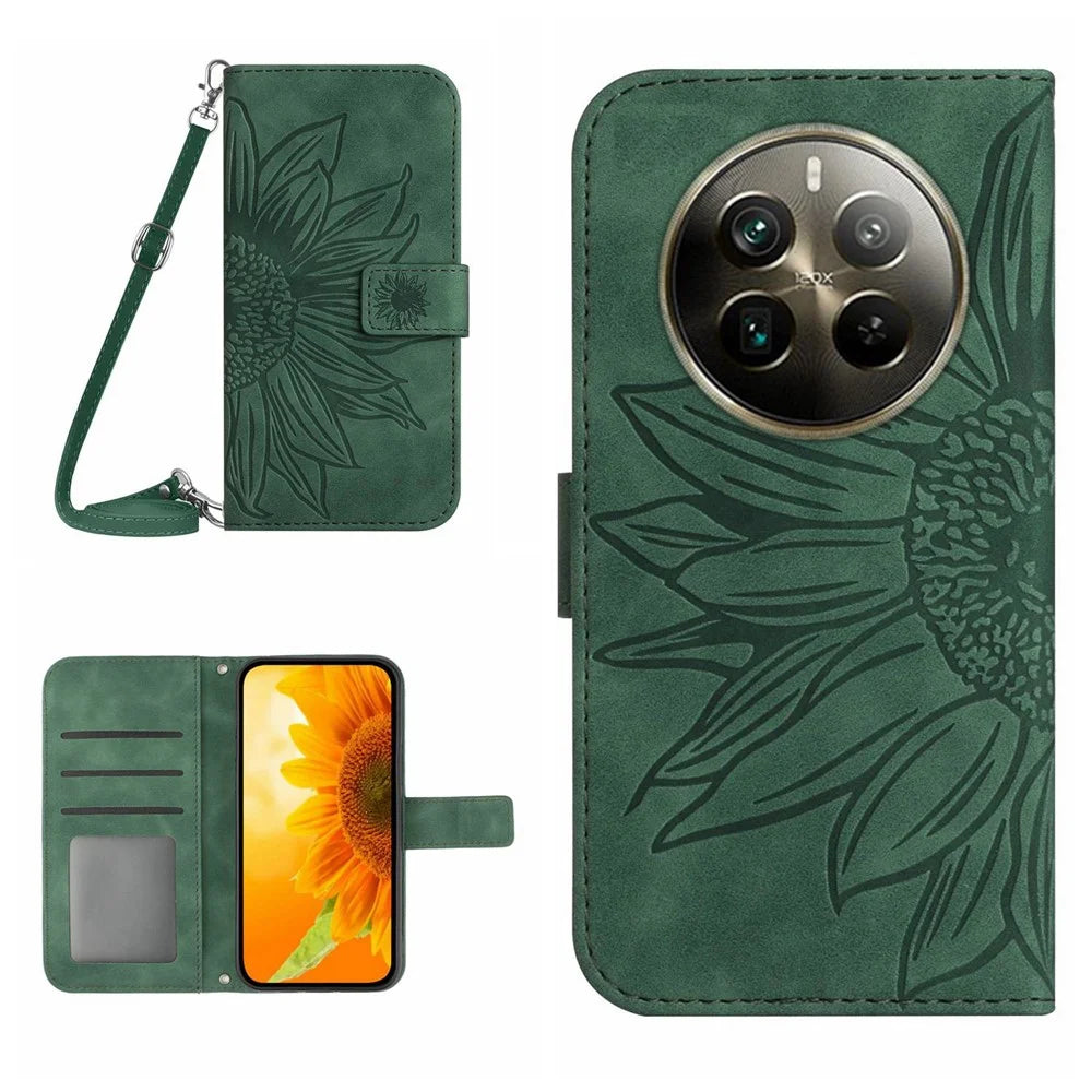 HT04 For Realme 12 4G / 12+ 5G Crossbody Case Sunflower PU Leather Flip Wallet Phone Cover - Dark Green - 1