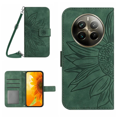 HT04 For Realme 12 4G / 12+ 5G Crossbody Case Sunflower PU Leather Flip Wallet Phone Cover - Dark Green - 1