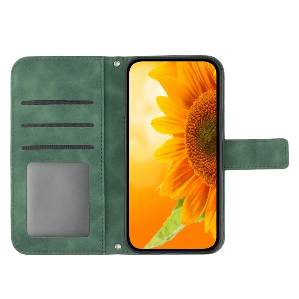 HT04 For Realme 12 4G / 12+ 5G Crossbody Case Sunflower PU Leather Flip Wallet Phone Cover - Dark Green - 2