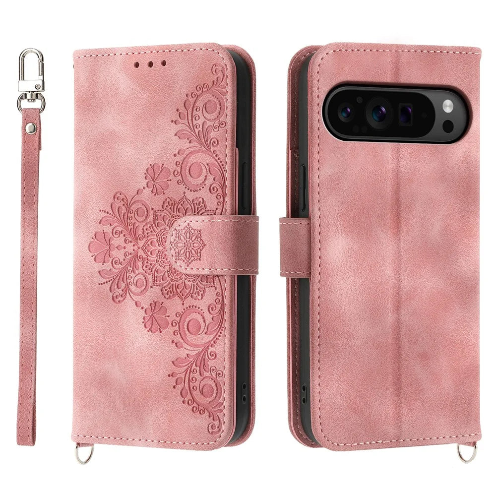 For Google Pixel 9 Pro XL Leather Case Flower Pattern Phone Protector with Multiple Card Slots - Pink - 1