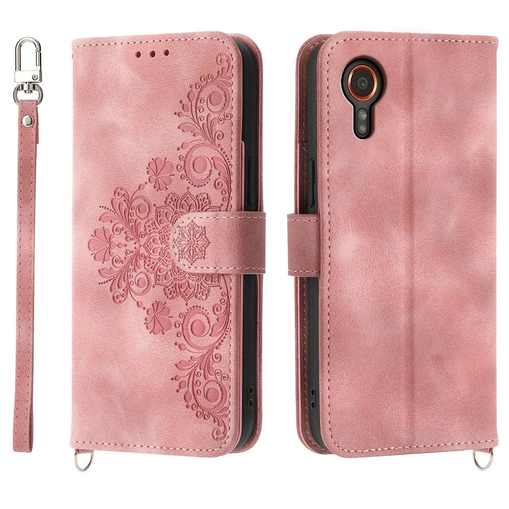 For Samsung Galaxy Xcover7 PU Leather Phone Case Flower Pattern Cover with Multiple Card Slots - Pink - 1