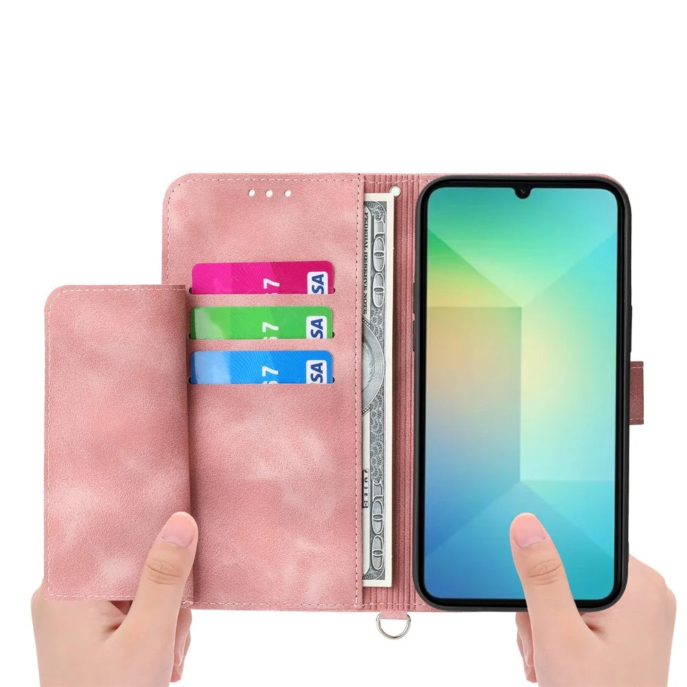 For Samsung Galaxy Xcover7 PU Leather Phone Case Flower Pattern Cover with Multiple Card Slots - Pink - 3