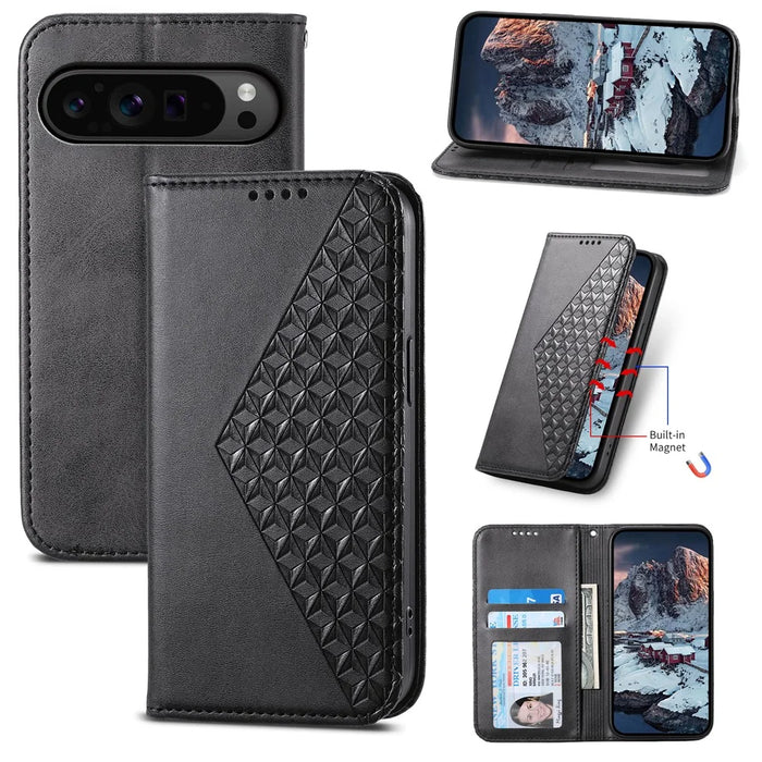 Phone Cover for Google Pixel 9 Pro XL Phone Stand Case PU Leather Rhombus Imprinted Pattern Wallet - Black - 5