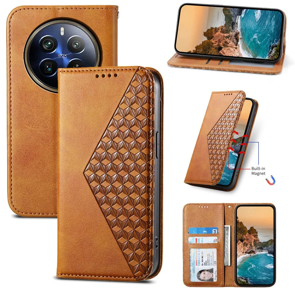 For Realme 12 Pro 5G / Realme 12 Pro+ 5G Case Rhombus Imprinted PU Leather+TPU Phone Cover - Yellow - 5