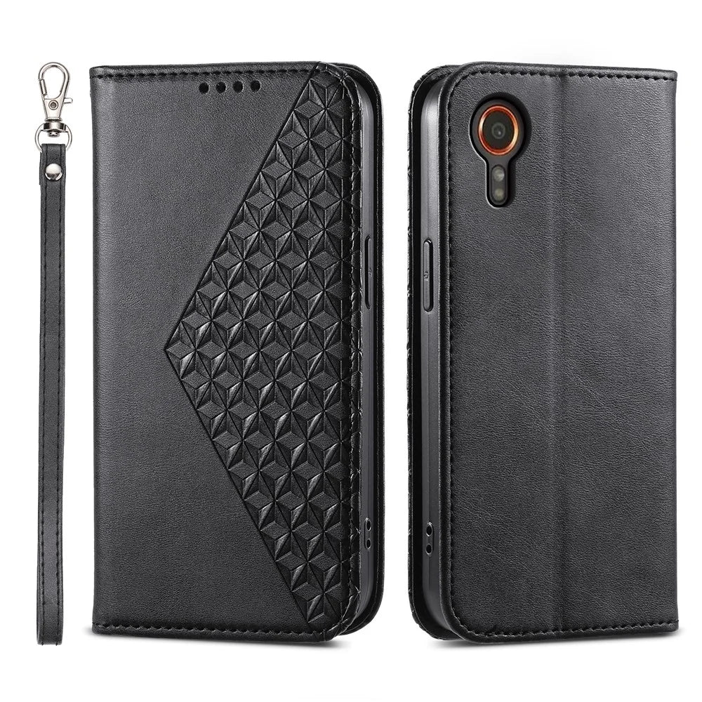 For Samsung Galaxy Xcover7 Case PU Leather+TPU Rhombus Imprinted Cell Phone Stand Cover - Black - 1