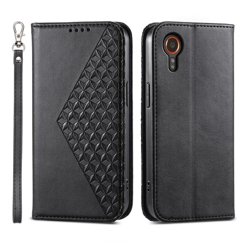 For Samsung Galaxy Xcover7 Case PU Leather+TPU Rhombus Imprinted Cell Phone Stand Cover - Black - 1