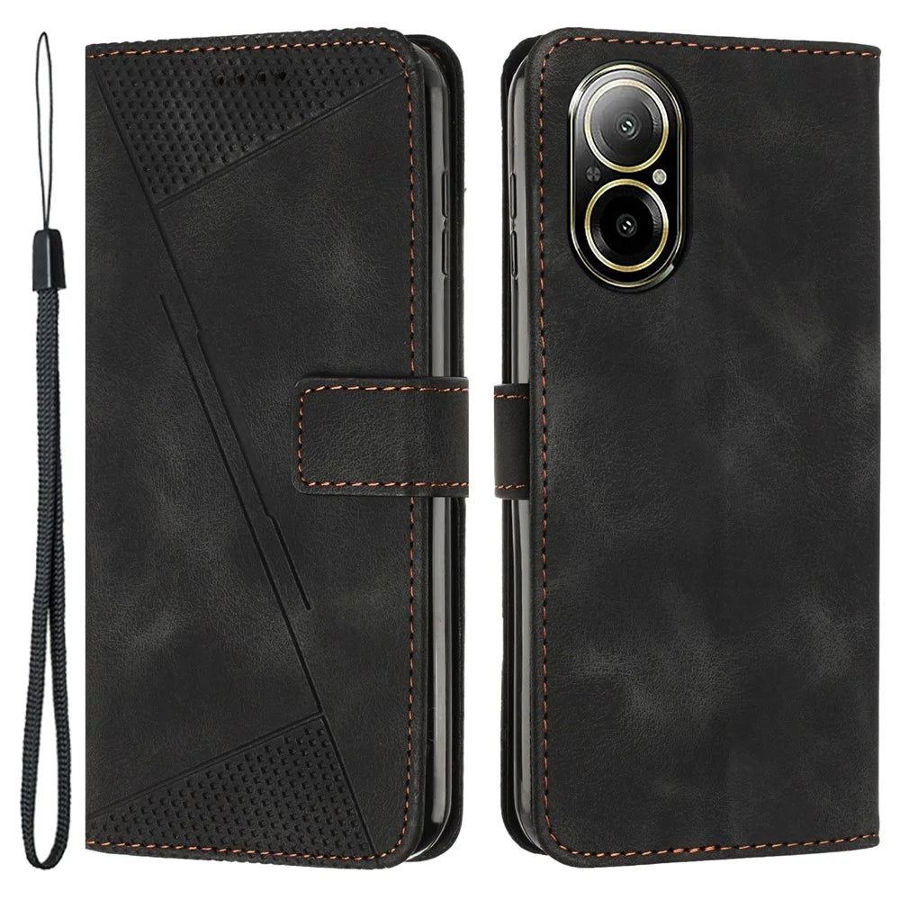 For Realme C67 4G Leather Flip Wallet Case Magnetic Card Slots Phone Cover - Black - 1