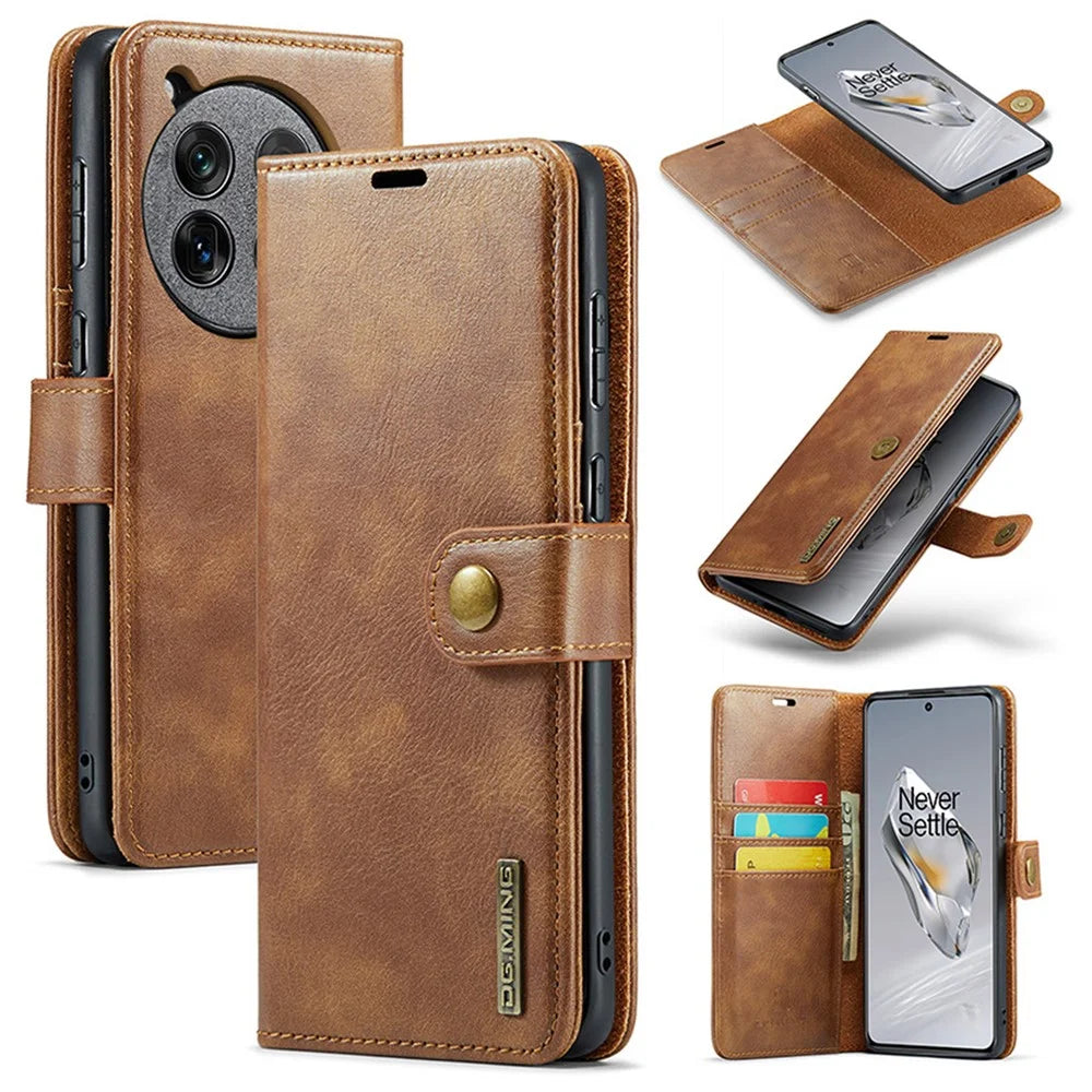 DG.MING for OnePlus 12 5G Case Detachable Split Leather Phone Cover with Stand Wallet - Brown - 1