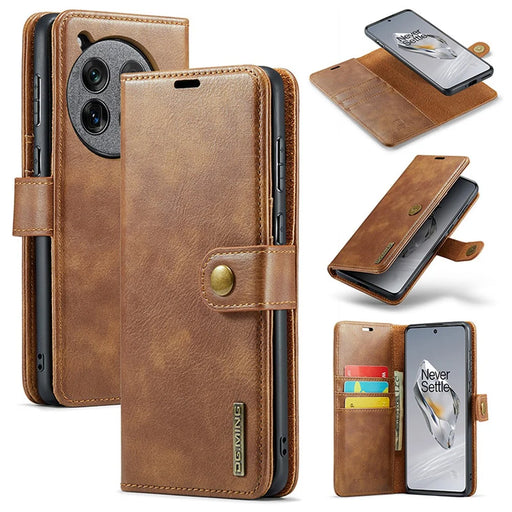 DG.MING for OnePlus 12 5G Case Detachable Split Leather Phone Cover with Stand Wallet - Brown - 1