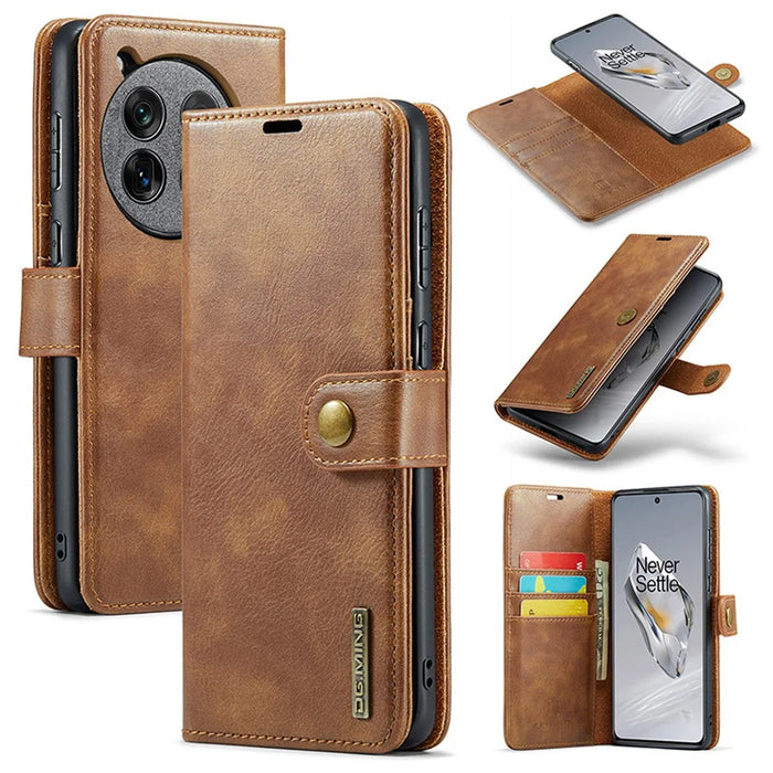 DG.MING for OnePlus 12 5G Case Detachable Split Leather Phone Cover with Stand Wallet - Brown - 1