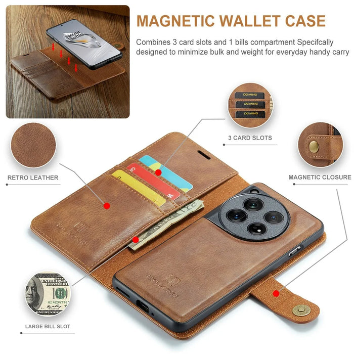 DG.MING for OnePlus 12 5G Case Detachable Split Leather Phone Cover with Stand Wallet - Brown - 6