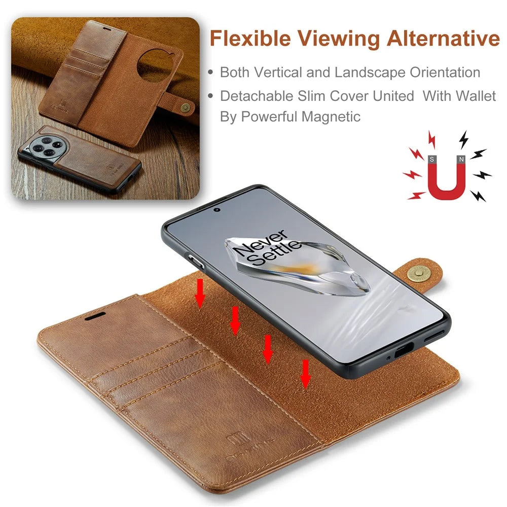 DG.MING for OnePlus 12 5G Case Detachable Split Leather Phone Cover with Stand Wallet - Brown - 7