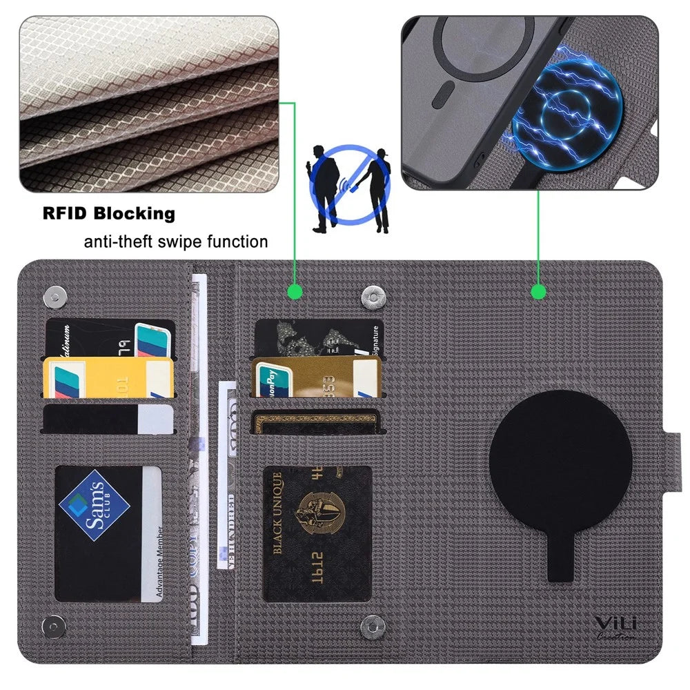 VILI GHA Series For iPhone 15 Pro Max Cell Phone Cases Wallet PU Leather+TPU+PC Cover Compatible with MagSafe - Grey - 5
