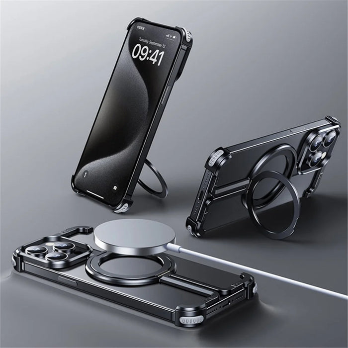 For iPhone 14 Pro Aluminum Alloy + TPU Case Kickstand Frameless Phone Cover Compatible with MagSafe - Black - 2