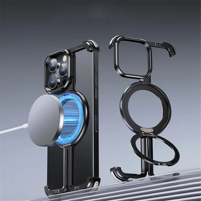 For iPhone 14 Pro Aluminum Alloy + TPU Case Kickstand Frameless Phone Cover Compatible with MagSafe - Black - 7