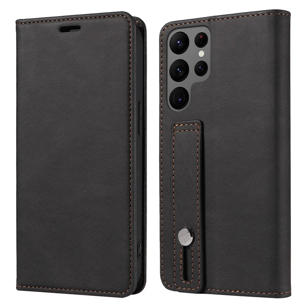 For Samsung Galaxy S24 Ultra Leather Case Wristband Design Stand Phone Cover - Black - 1