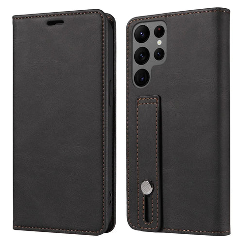For Samsung Galaxy S24 Ultra Leather Case Wristband Design Stand Phone Cover - Black - 1