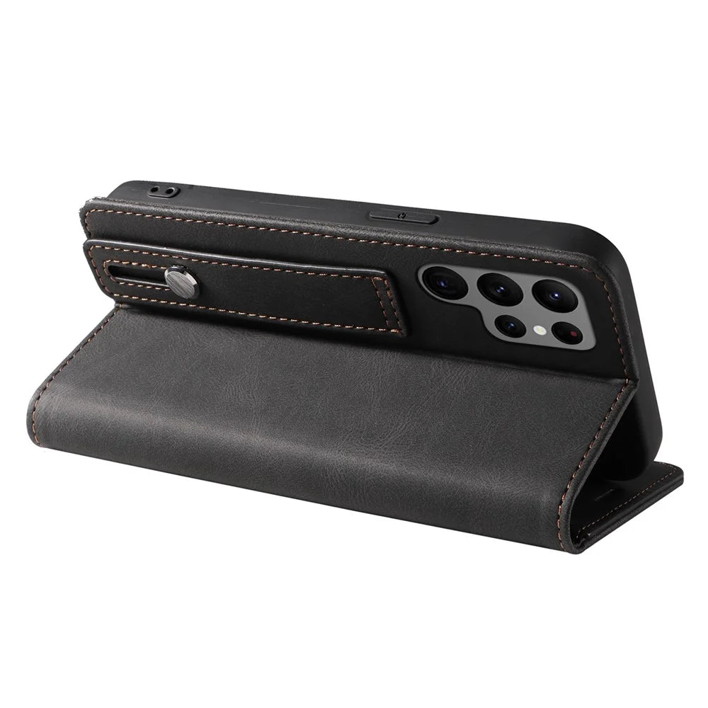 For Samsung Galaxy S24 Ultra Leather Case Wristband Design Stand Phone Cover - Black - 3