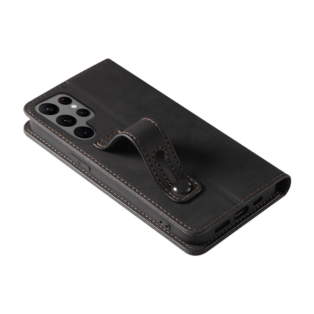 For Samsung Galaxy S24 Ultra Leather Case Wristband Design Stand Phone Cover - Black - 5
