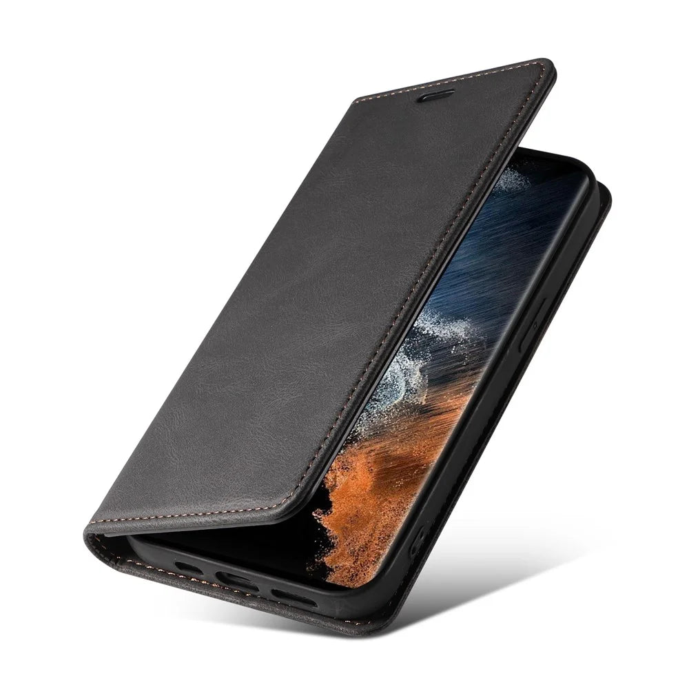 For Samsung Galaxy S24 Ultra Leather Case Wristband Design Stand Phone Cover - Black - 6